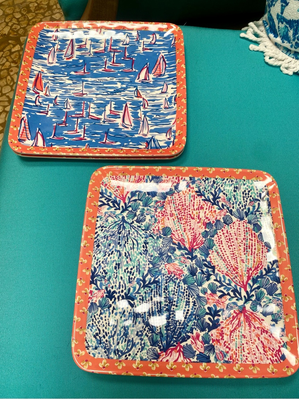 Lilly Pulitzer Coral & Blue Nautical Plates - Set of 4